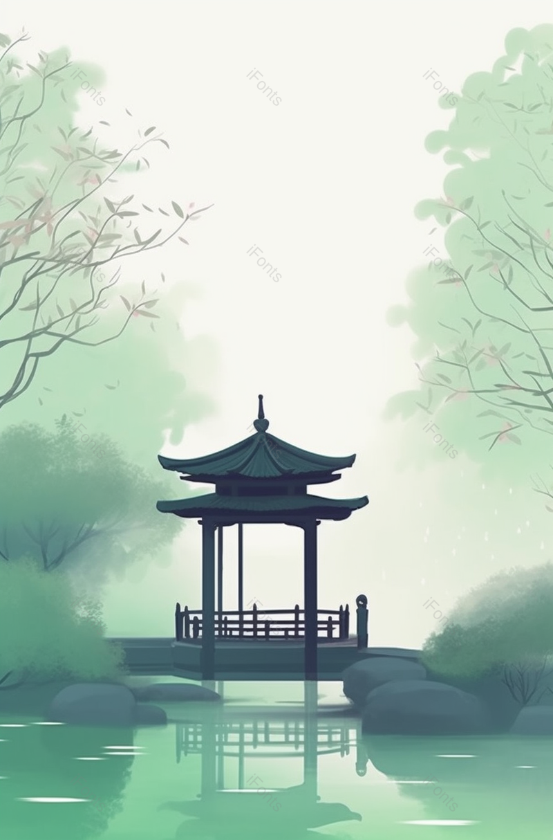 公园中的传统亭台楼阁烟雨朦胧风景插画,插画/手绘图,插画/手绘图库,插画/手绘图下载,插画/手绘